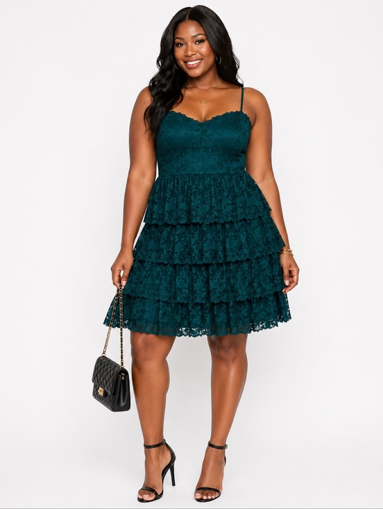 MARINA Dresses & Skirts - Green Lace Tiered Spaghetti-Strap Dress Size 10